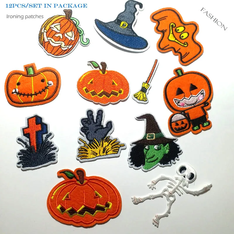 12pcs/set Ironing Halloween patches for clothing Iron on cute embroidered appliques ironing parches for dresses bags sew on