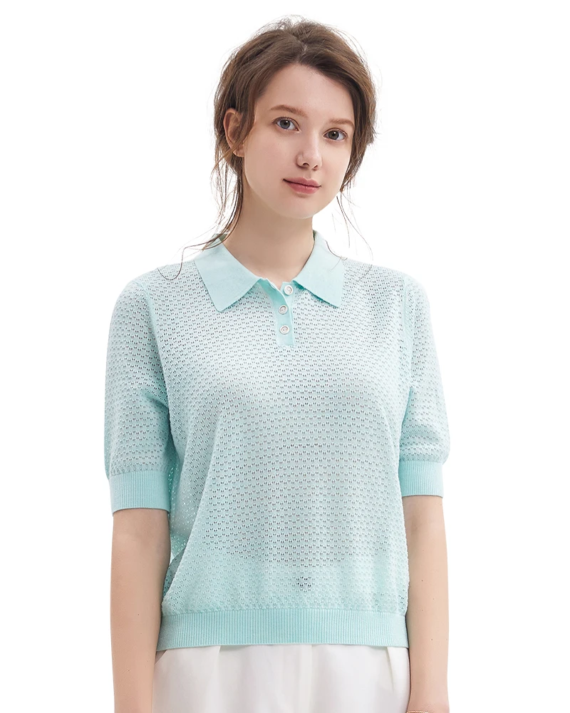 

Summer Women Solid Color Breathable Short Sleeve Knit Polos Tee T-Shirt High quality sexy hollow sweater ol women's Jumper