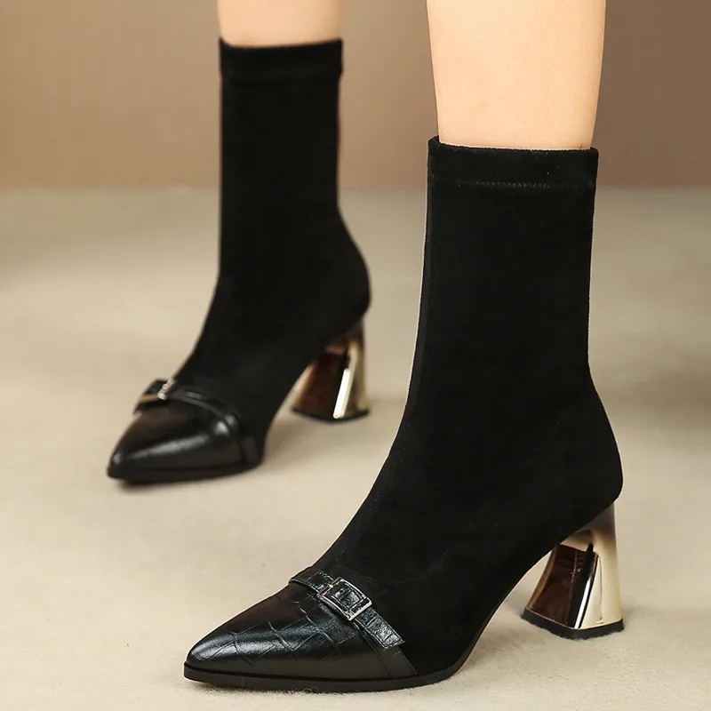 Buonoscarpe Pointed Casual Boots Elastic High-heeled Trend Black Women's Shoes 2019 Autumn And Winter Bare Ladies | Обувь