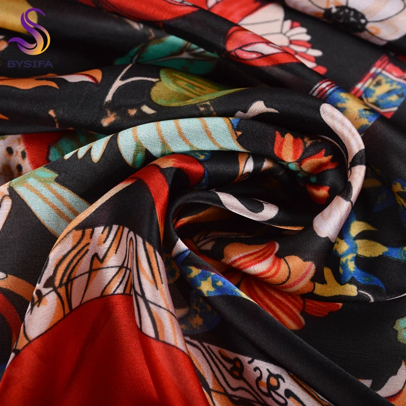 Женский атласный шарф с цветочным рисунком [BYSIFA] красно-черный квадратный