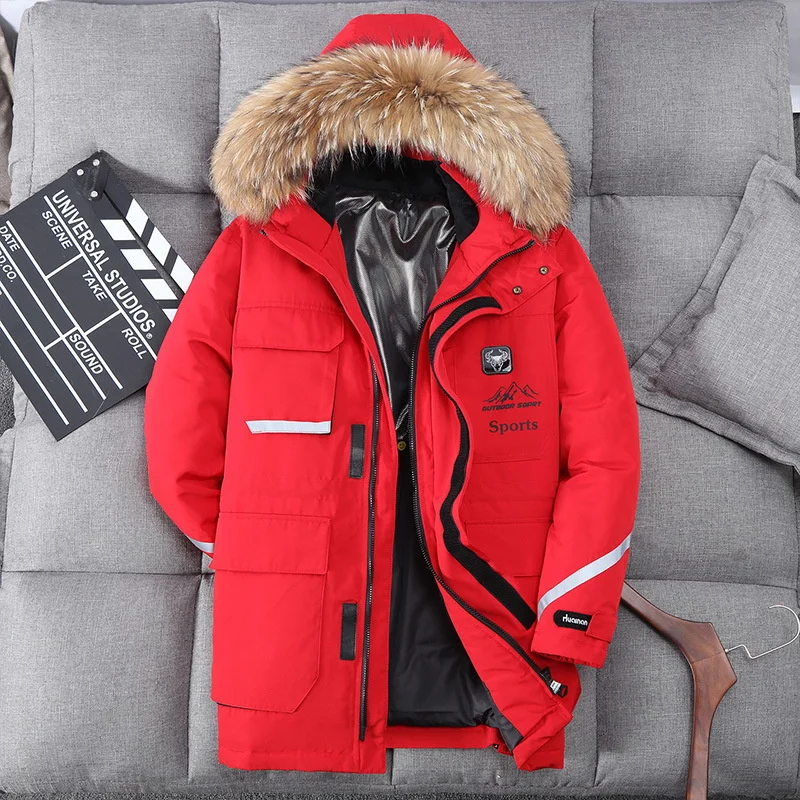 

New Male White Duck Down Jacket Men's Medium And Long Thickened Warm Outdoor Jacket Wool Collar Cold Jacket