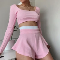 ueteey long sleeve crop top and skirt short womens tracksuit set jogger solid summer loose two piece set women matching sets