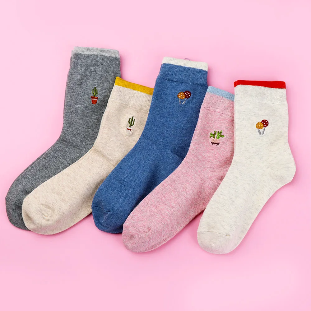 

Fashion Embroidery Women Girl Cotton Soft Socks Cactus Mushroom Pattern Autumn Winter Warm Comfortable Socks 1 Pair