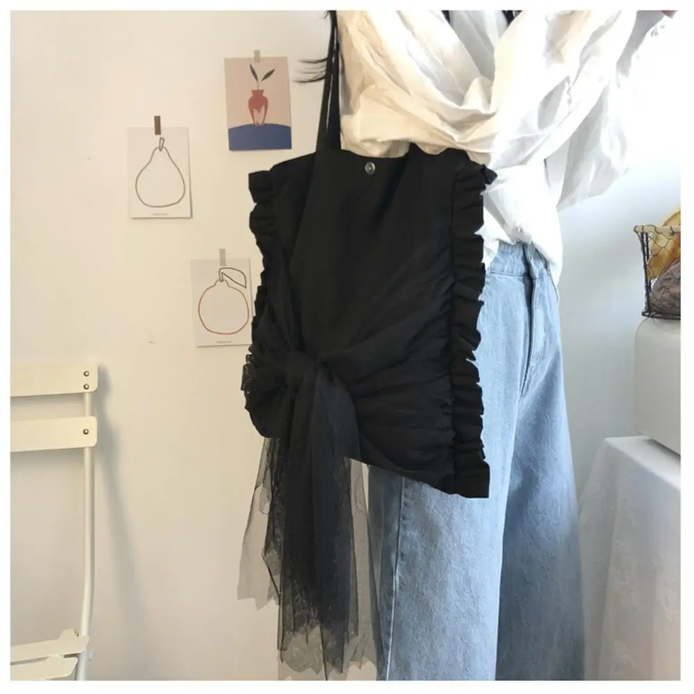 

Cotton Check Solid Black Shopping Tote Bag Pleated Trim Mesh Bowknot CYB57