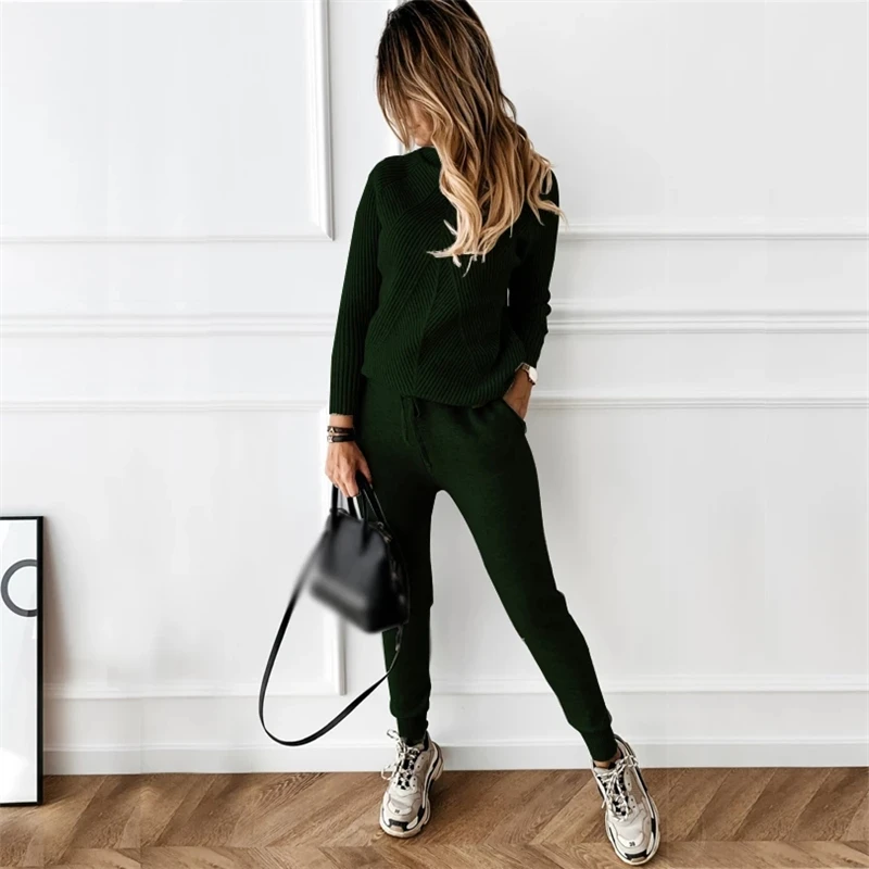 

2021 Autumn Winter Women's tracksuit Solid Color Striped Turtleneck Sweater and Elastic Trousers Suits Knitted Two Piece Set 381