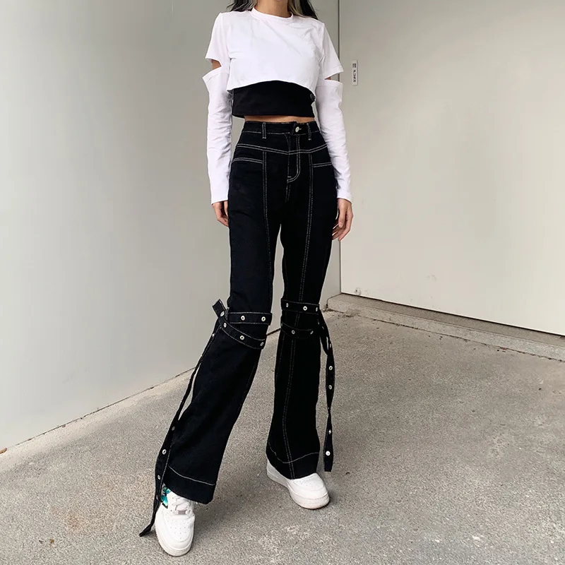 

2021 New Dark Gothic Gothic Black Jeans Punk Wide Leg Pants Female Hip Hop High Waist Straps Street Rivets