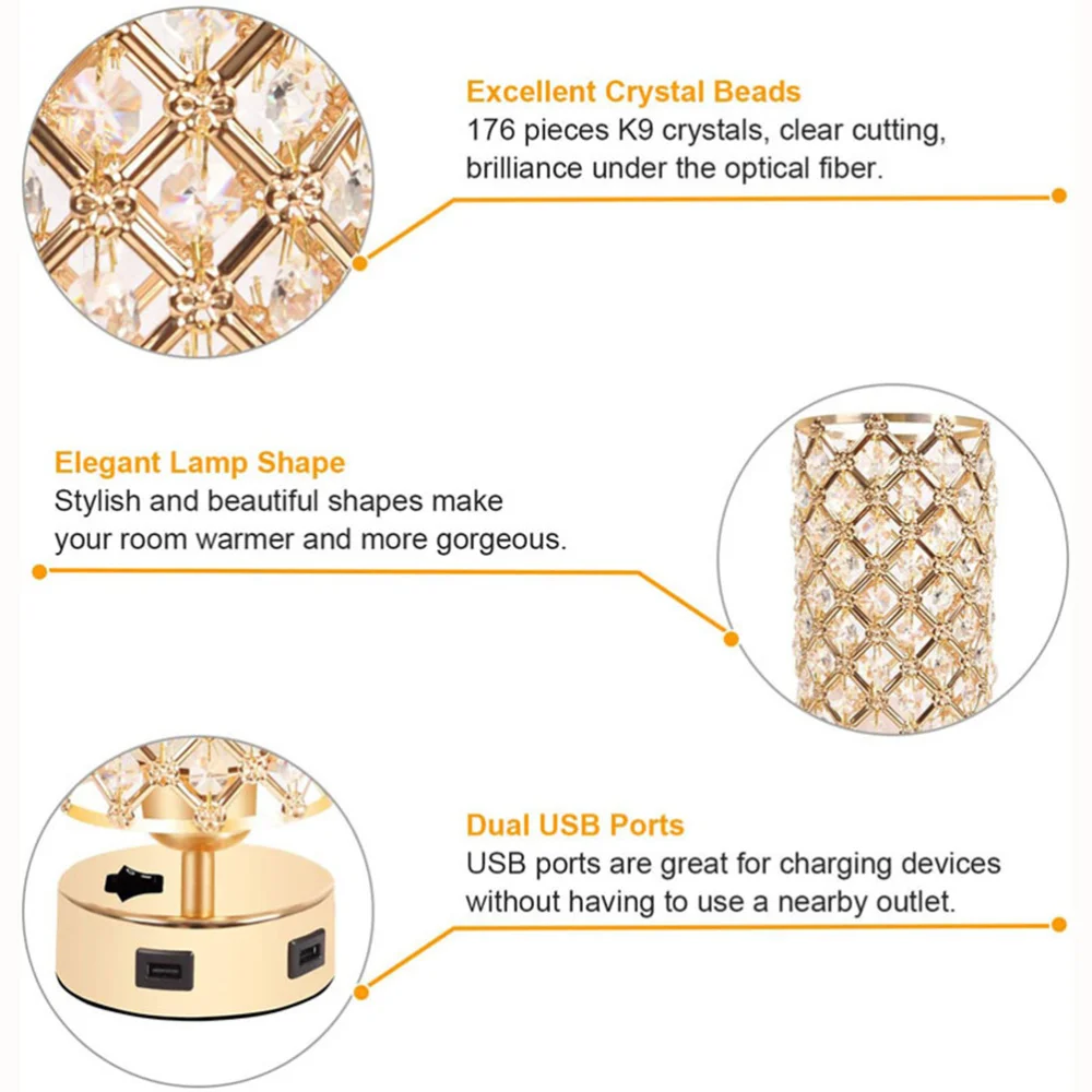 

Dual USB LED Crystal Lampshade Table Lamp Simple Decorative Light for Bedside Reading Room Sitting Room with US Plug without Lig