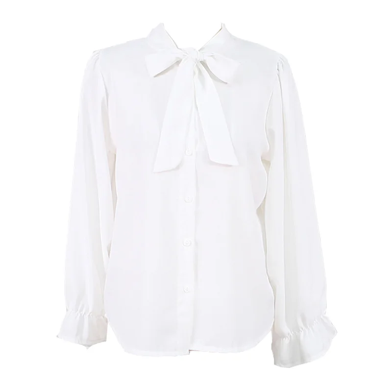 

Women Blouses Chiffon White Shirts Bow Flare Sleeve V-neck Korean Style Sweet Elegant Draped Office Ladies Spring Leisure Chic