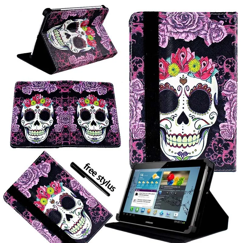 Purple Skull KK&LL для samsung Galaxy Tab p5100 10,1 дюймов-кожаный Смарт-планшет стенд Чехол-книжка+ Бесплатный стилус - Цвет: Purple Skull