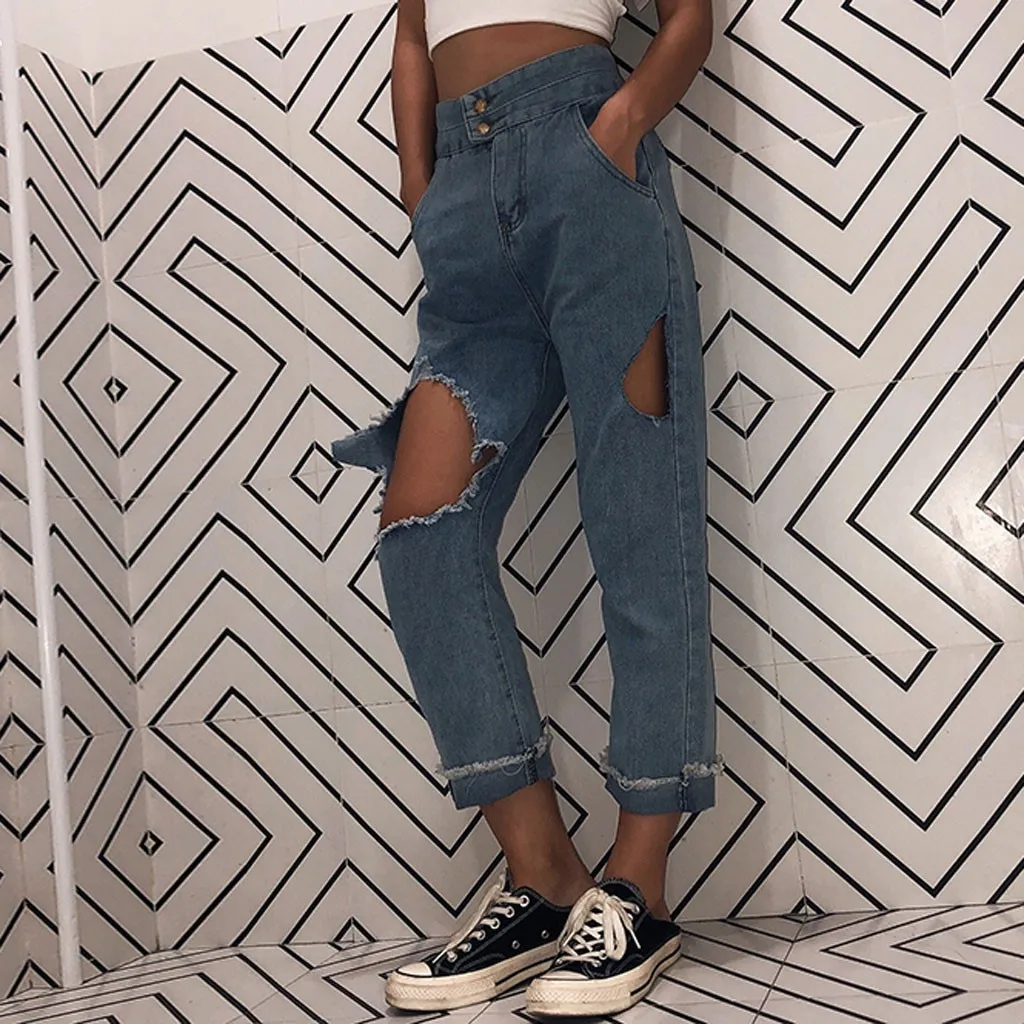 Рваные сексуальные Мешковатые Свободные прямые шаровары в Корейском стиле