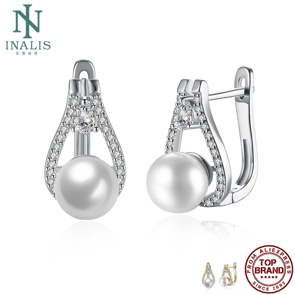 

INALIS Romantic Stud Earrings For Women Water Drop Cubic Zirconia And Shell Pearl Female Earring Fashion Jewelry New Arrival