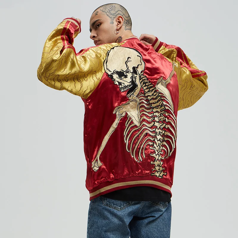 Мужская вышитая куртка с черепом и скелетом от японского бренда Yokosuka винтажная