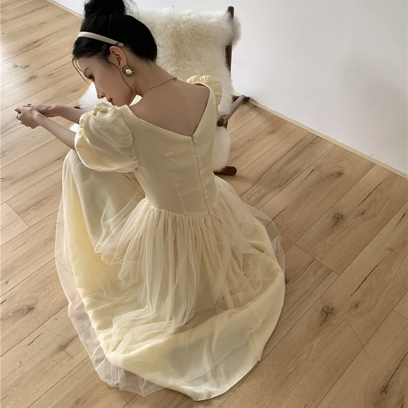 

ECRURANI Lace Patchwork Dress For Women V Neck Puff Short Sleeve High Waist Elegant Midi Dresses Female New 2021 Summer Tide