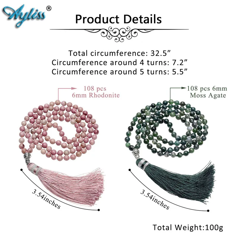 Ayliss натуральный 6 мм браслет из родонита Моха агата 108 Mala Beads W/женское ожерелье с