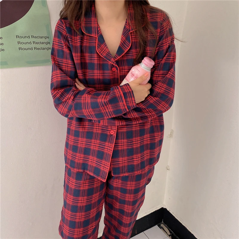 

women/men couple pajamas set red plaid home suit loose long sleeve shirts sleepwear pants pijamas home clothes 2pcs pockets