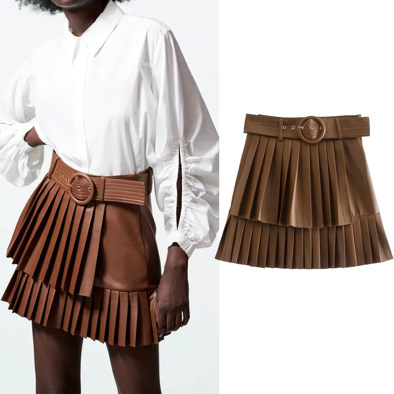 

Za Brown Pleated Skirt Women Faux Leather Mini Skirts Woman High Waist A Line Skirt 2021 Fashion Belt Autumn Short Skirts