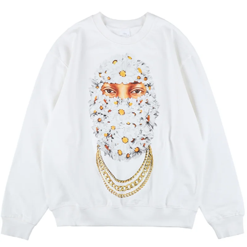 

Men Hip Hop Streetwear Sweatshirts Harajuku Man Flower Face mask Print Long Sleeve Cotton Stranger Things Tshirt Autumn Tops Tee