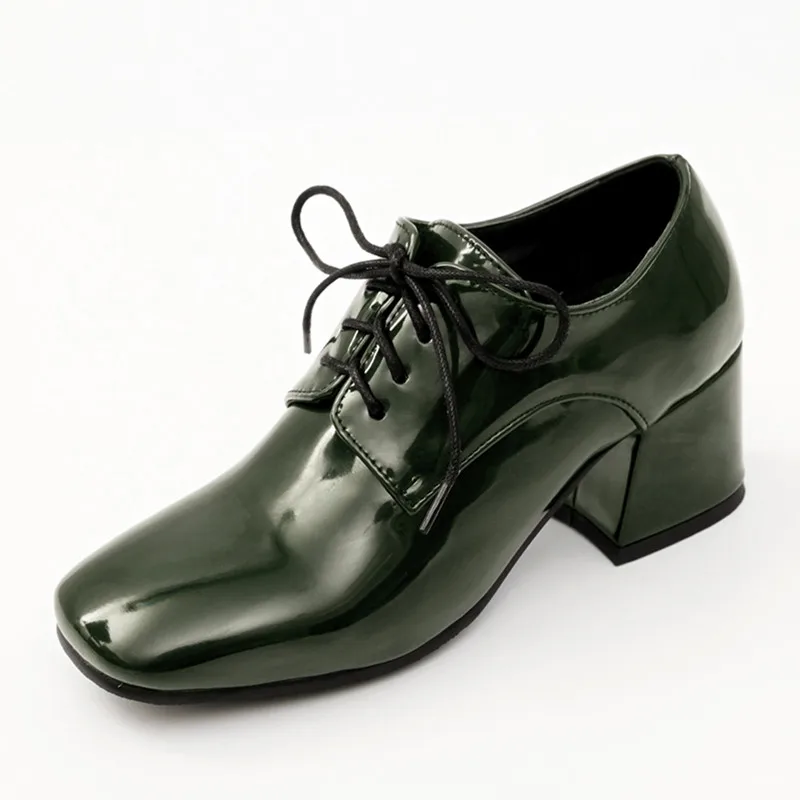 

Autumn 2019 Mirror Patent Block High Heel Ladies Shoes Green Black Lace Up Heels Square Toe Women Pumps Daily Footwear