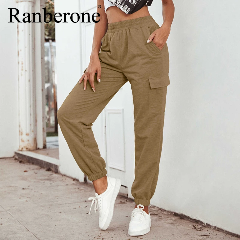 Ranberone High Waist Women's Pants Casual Loose Full Length Trousers Woman Fitness Sports Tights Fashion Stretch Streetwear 2020