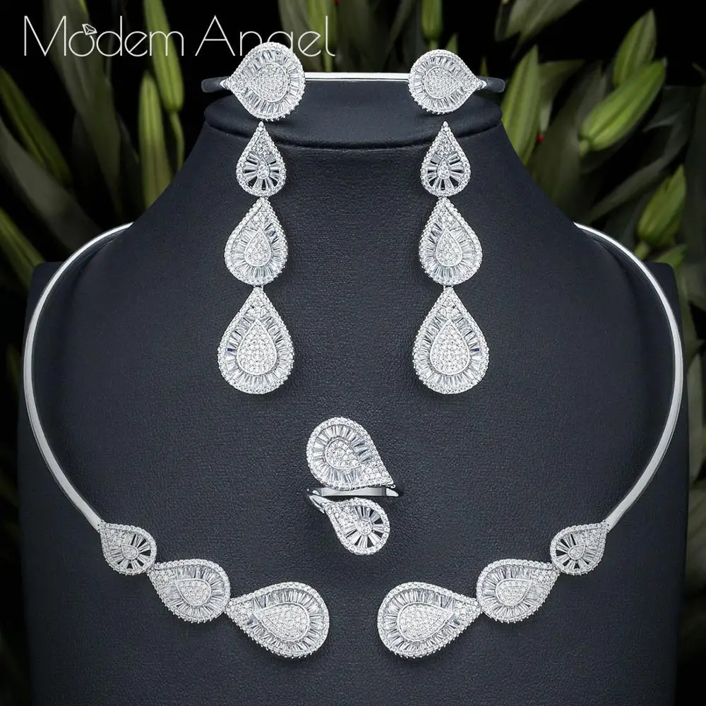 

MoonTree Luxury Water Drop Full Micro AAA Cubic Zirconia Women Wedding Bridal Necklace Bangle Earring Ring Copper Set Joias