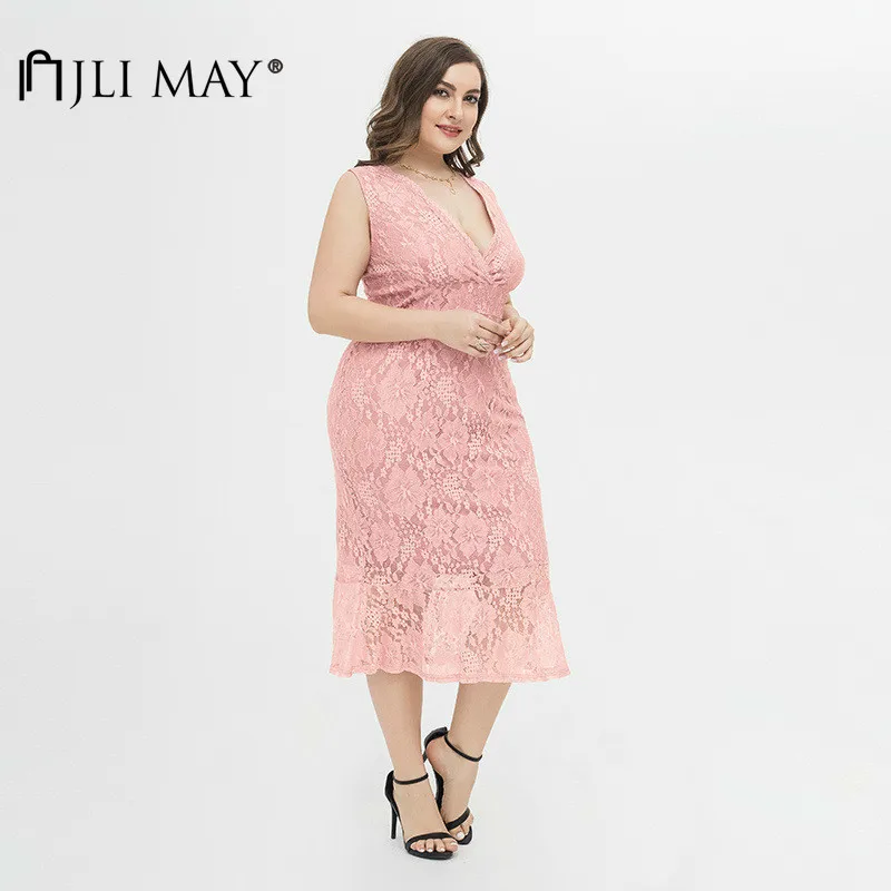 Платье JLI MAY женское однотонное с V-образным вырезом ажурное милое пикантное