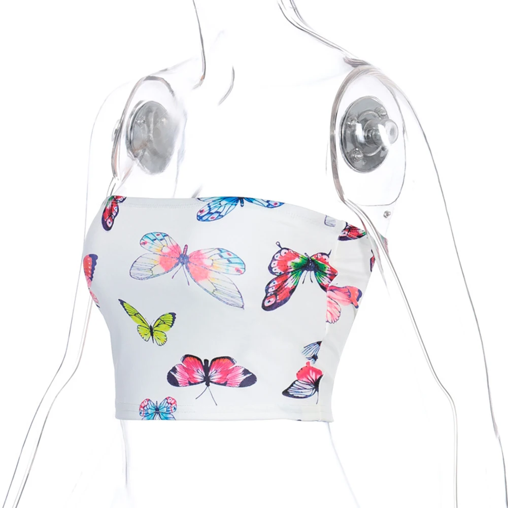 

Women's Summer Slim Bandeau Crop Top Butterfly Print Sleeveless Short Tube Tops Girls Sexy Top Camis Streetwear