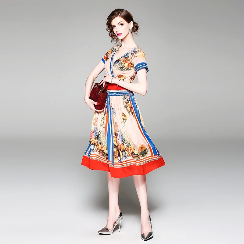 

New Elegant Vintage Women Print Slim Tunic V Neck Short Sleeve Dress Lady Evening Party Dresses Clothing Summer Sundress