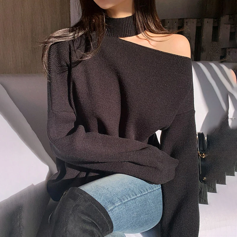 Свитер Женский вязаный оверсайз с воротником хомут корейский пуловер свободная