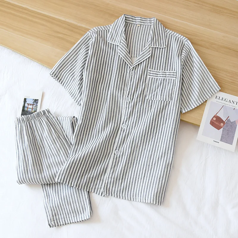Spring and Summer Couple Pajamas Set Cotton Short Sleeve Trousers Pajamas Set Women Cotton Yarn Thin Men's Lapel Loose Home Wear
