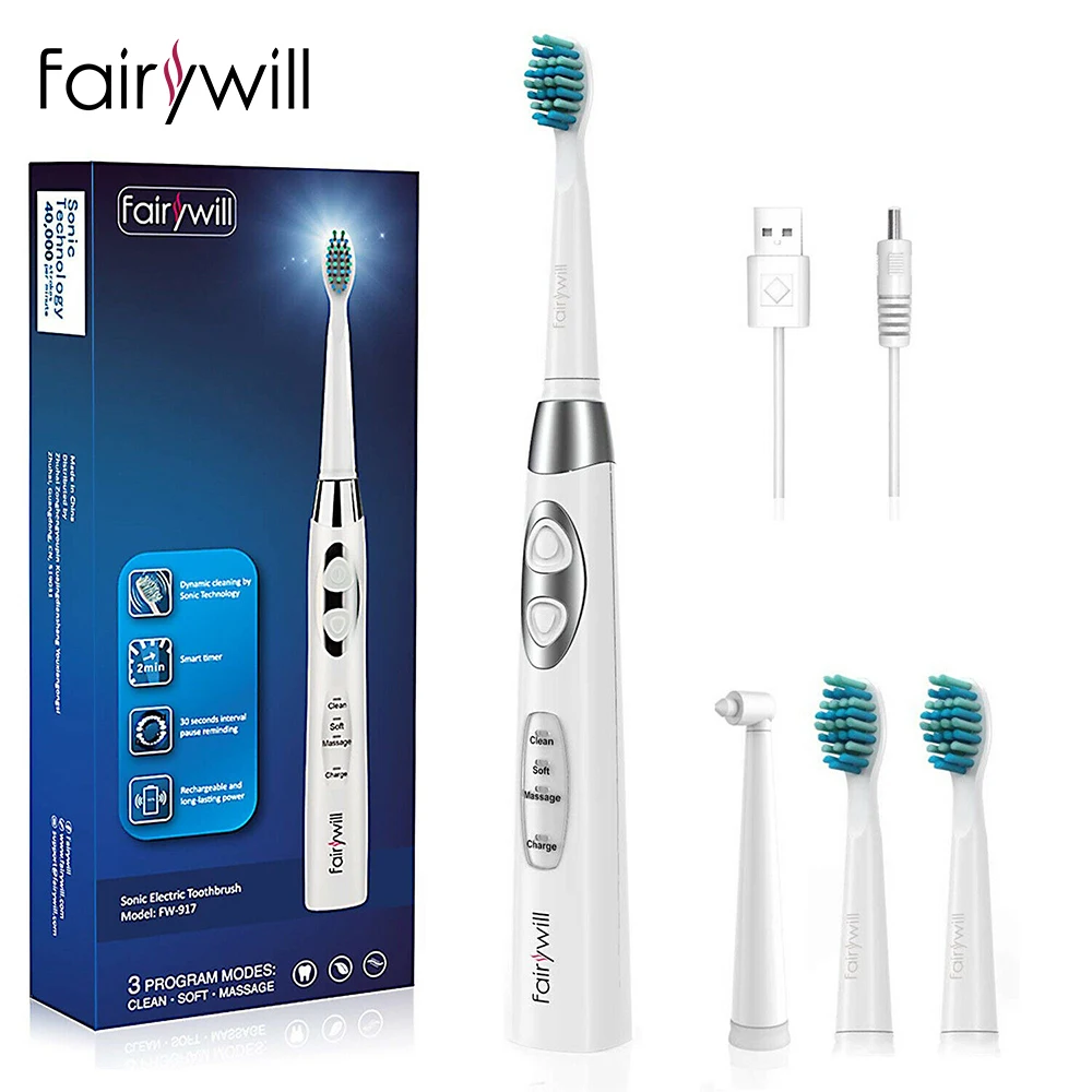 

Fairywill Sonic Toothbrush Waterproof Rechargeable Whitening Electric Toothbrush 4 Hours Charge 30 Days 3 Modes3 Brush Heads