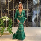Женское длинное вечернее платье-русалка, зеленое элегантное арабское платье с золотыми бусинами, стразы, V-образным вырезом, длинными рукавами, для официальных мероприятий и вечерние