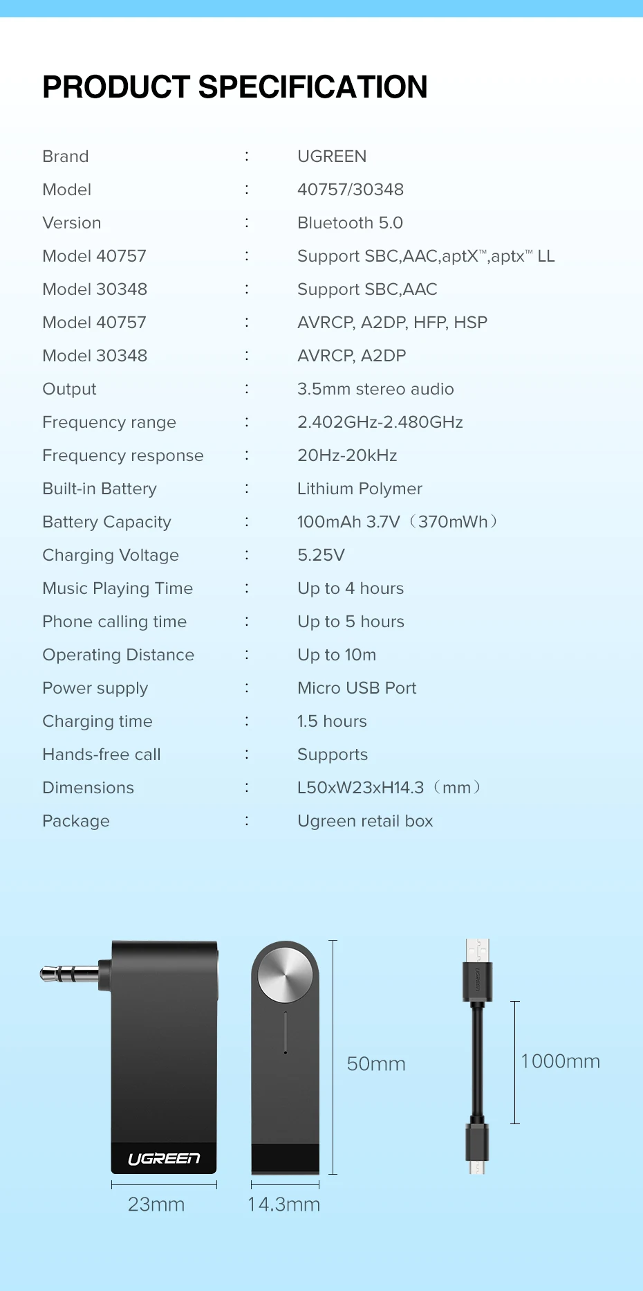 Ugreen Беспроводной Bluetooth Приемник 3.5mm Jack Bluetooth Audio Музыка Приемник Адаптер Автомобилей Aux Кабель бесплатно Динамик Наушники