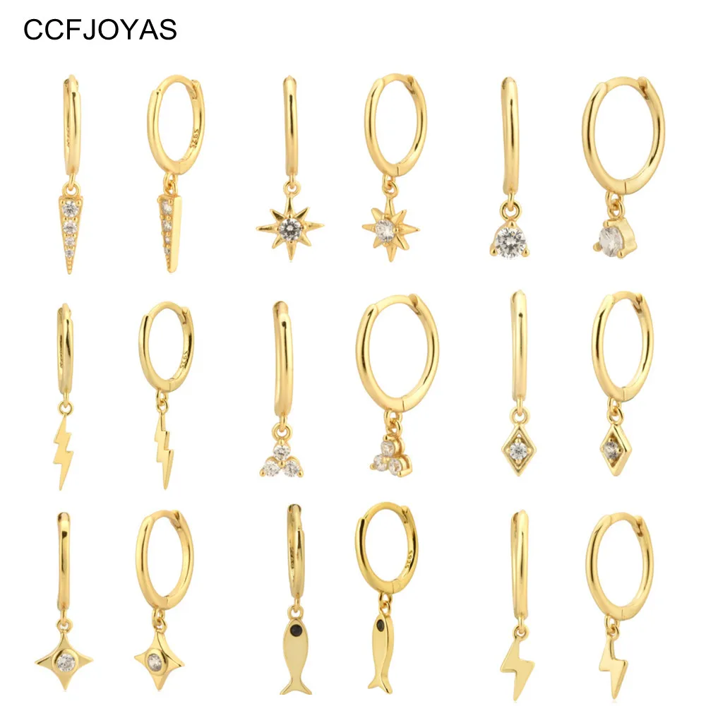 

CCFJOYAS 925 Sterling Silver Lightning/Awl/Animal Pendant Hoop Earrings for Women Gold Silver Color Earrings Fashion Jewelry