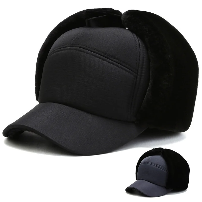 

Baseball Cap Men Fur Hunting Trapper Dad Hats Sports Earflap Unisex Winter Beanie Hat with Brim Warm Double Knit Cuff Beanie Cap