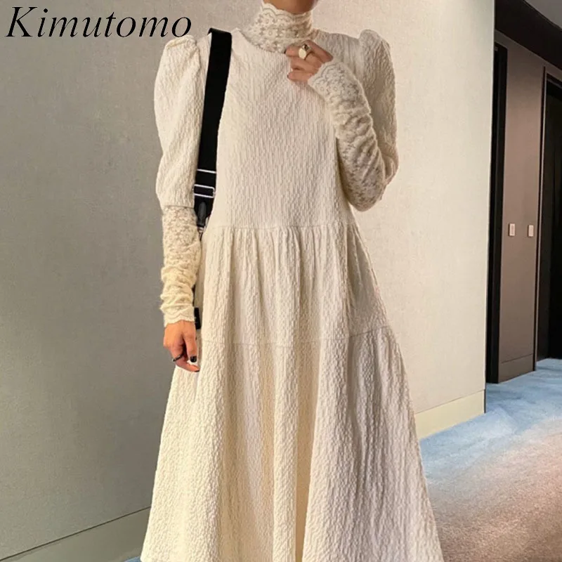 

Элегантный комплект Kimutomo для женщин, новинка весны 2022, вязаная кружевная рубашка с воротником-стойкой, свободный вельветовый костюм с пышны...