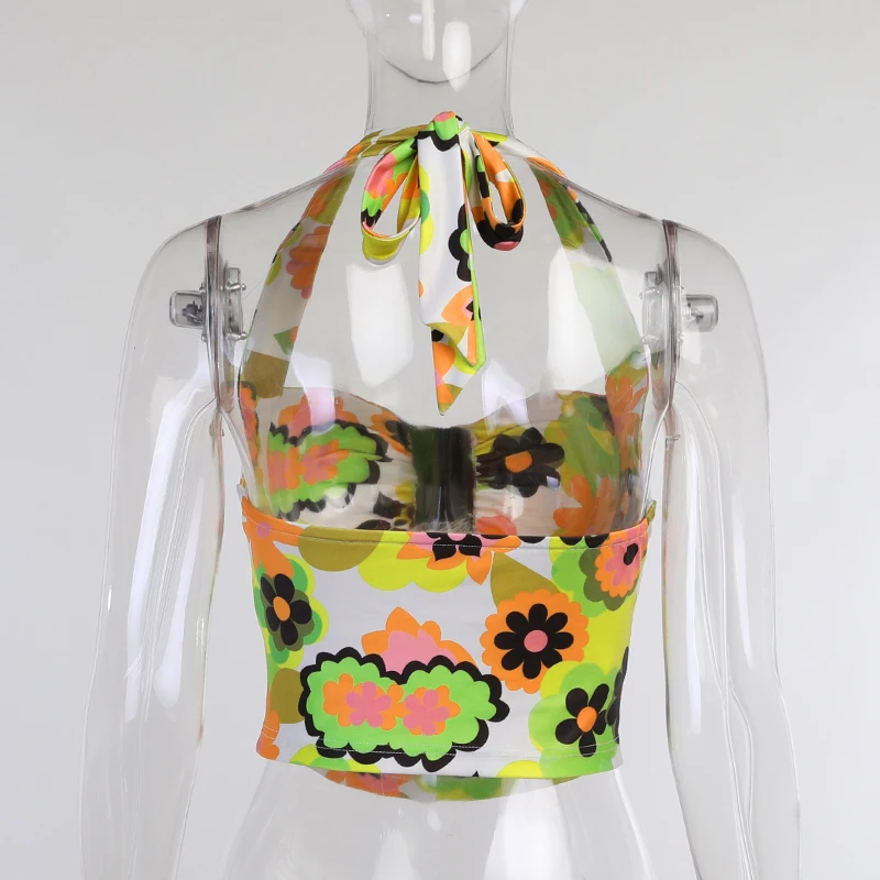 

Hbenna Floral Printed Summer Halter Crop Top Backless Sexy Bandage Ruched Casual Sexy Party Top Streetwear Tie Dye Female Camis