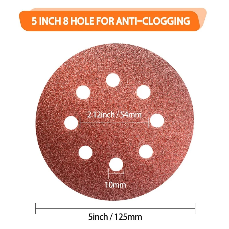 

100PCS 5 Inch 8 Hole Hook and Loop Sanding Discs 60 80 120 180 240 320 400 Grits Sand Paper for Random Orbital Sander