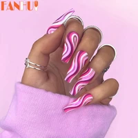 24pcs long coffin false nails with colorful wave designs wearable fake nail full cover nail art tips press on nail manicure tool