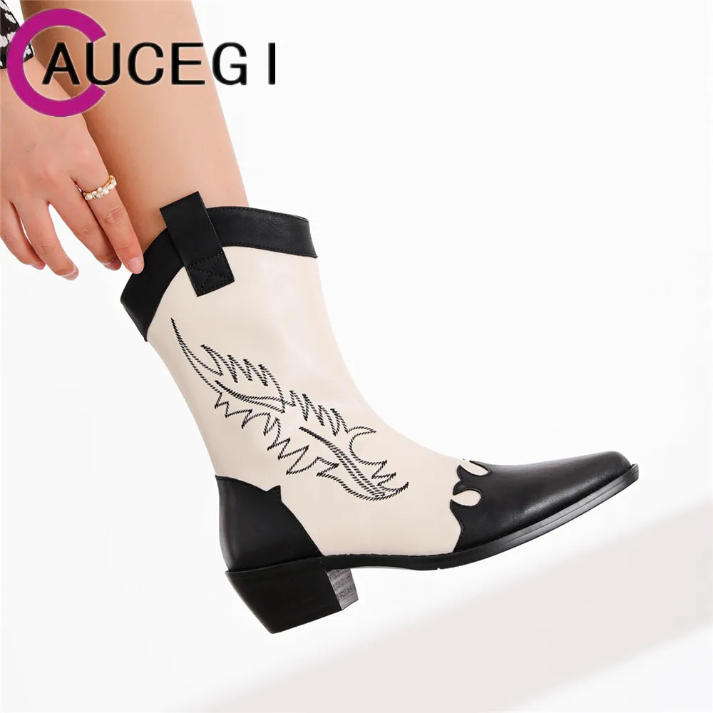 

Aucegi Fashion Mixed Color Women Cow Leather Mid Calf Western Boots Sexy Pointed Toe Thick Heels Slip On Handmade For Ladies