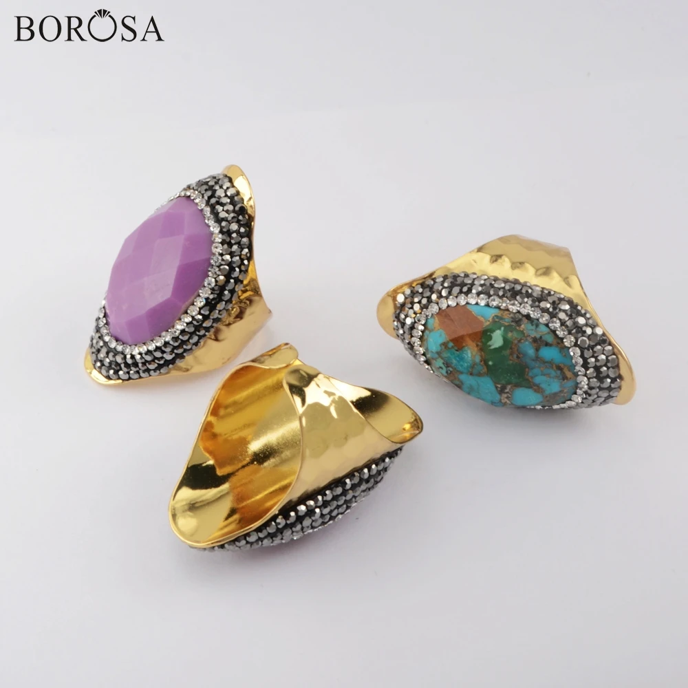 

BOROSA 5Pcs New Arrival Natural Stones Gold Ring Turquoises Lapis Lazuli Crystal Rings Adjustable Cubic Zirconia Ring JAB981-1