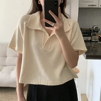 summer women short sleeve t shirts turn down collar elegant knitted korean style ladies loose solid color tops new casual tshirt