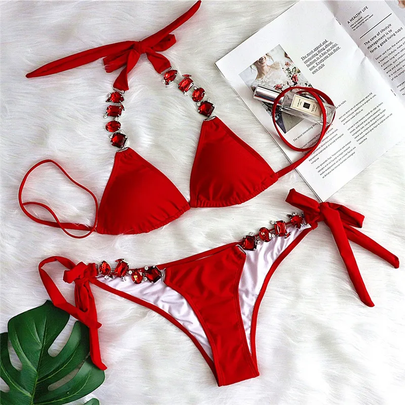 

Gemstone halter bikini set 2020 new Crystal push up woman swimsuit separate bathing suit Sexy red swimwear women micro biquinis