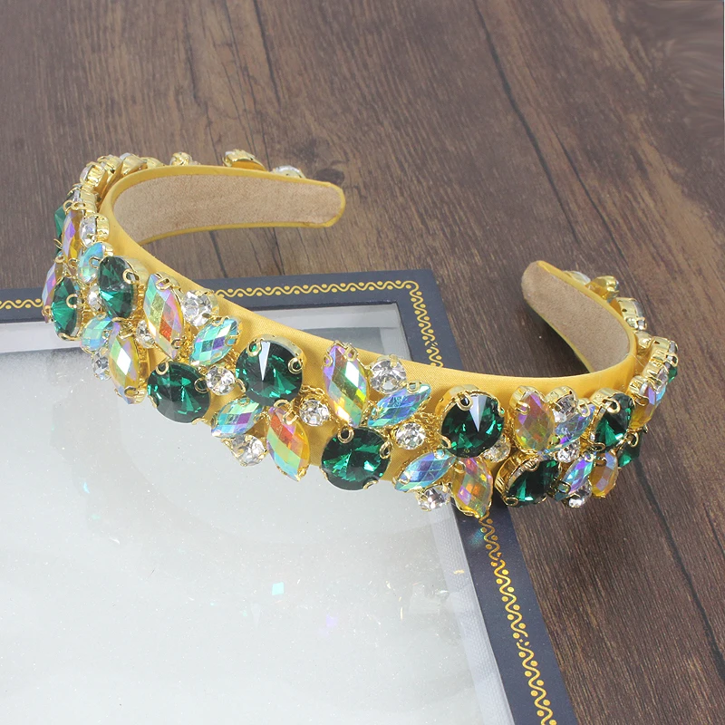 yellow headband Роскошные европейские винтажные аксессуары для волос зеленый желтый кристалл барокко лента для волос Элегантные Стразы головная повязка со стразами для женщин - Окраска металла: yellow headband