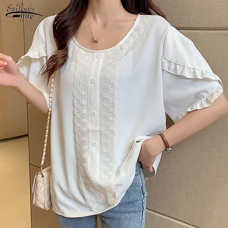 

Blusas Summer Plus Size Casual Chiffon Blouse Loose Lace Shirt Korean Style Women Tops and Blouses Nice Women Shirts Fairy 9997