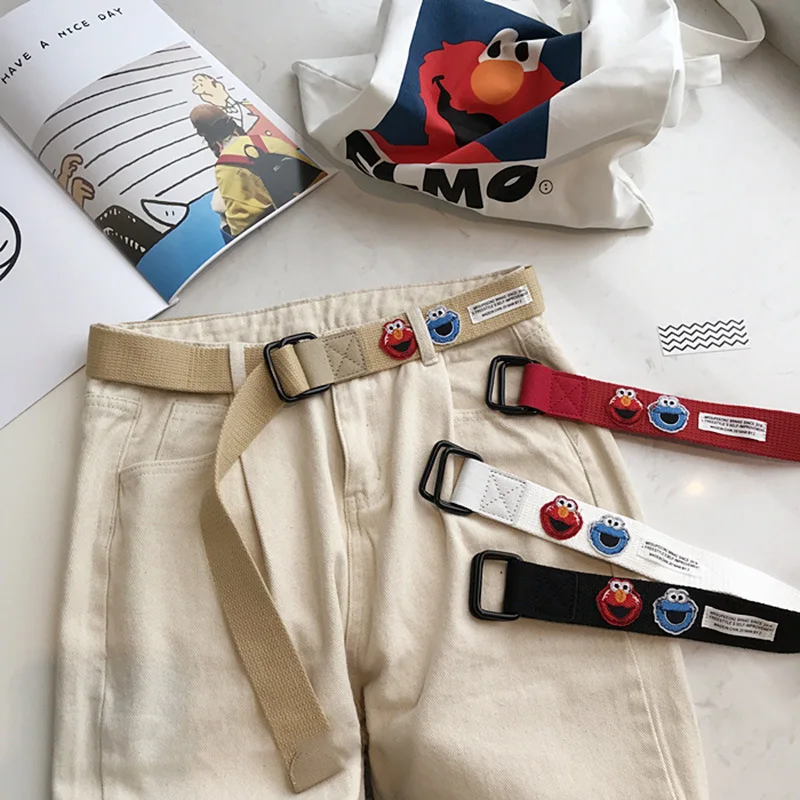 

Ремень холщовый женский с мультяшной вышивкой, Модный повседневный длинный пояс в стиле Харадзюку, с лягушкой, черный