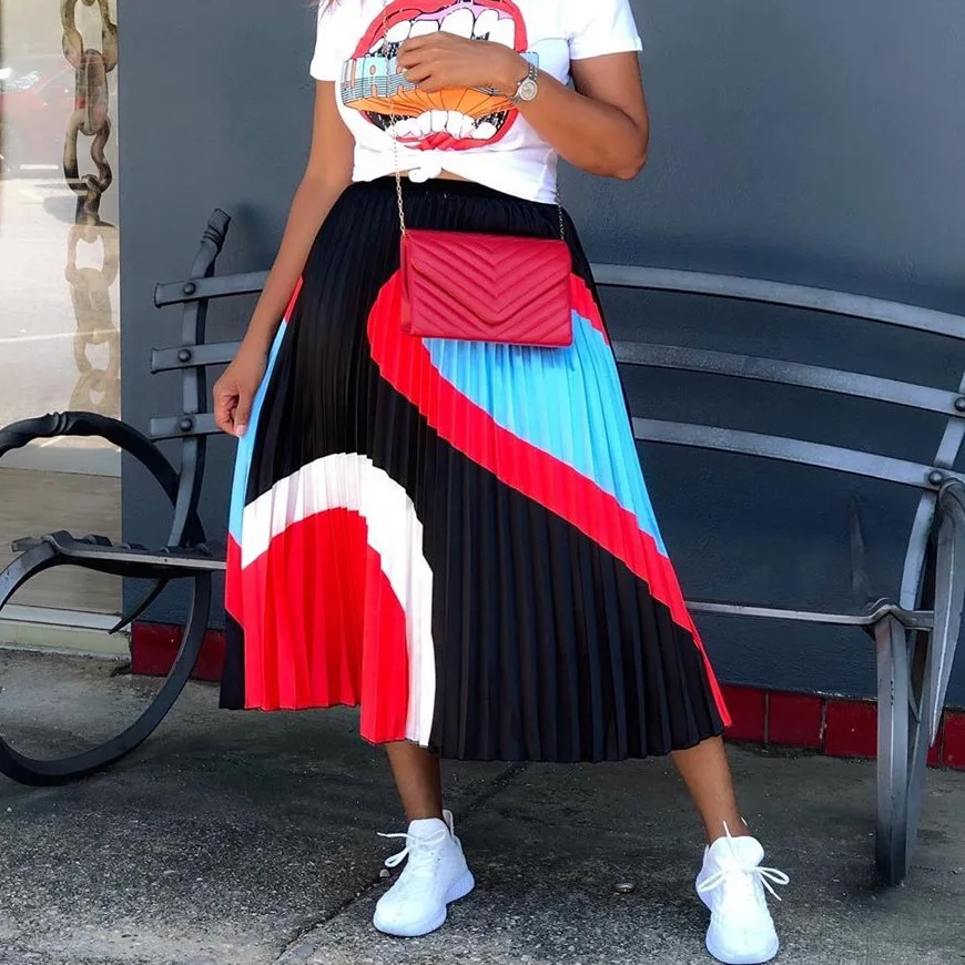 

Lady Colorful Print High Waist Pleated Maxi Skirts 2020 Hot Sale Streetwear Women Elastic Waist Loose Ankle-length Skirts