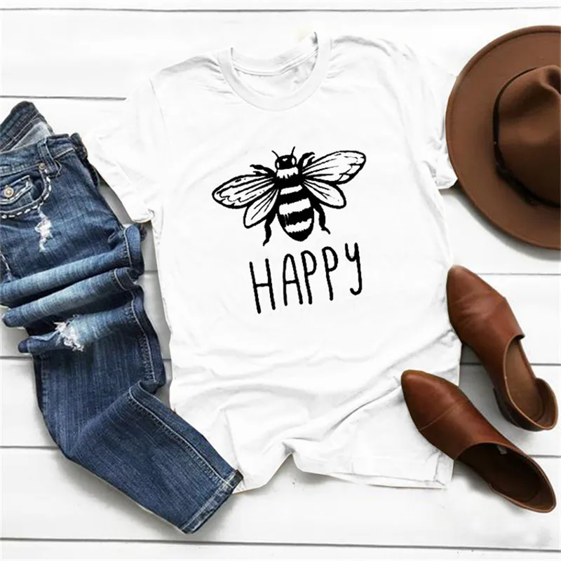 Женская футболка с принтом счастливых букв милые футболки изображением пчелы