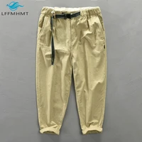 spring fall safari style japan harajuku cargo pant male casual loose solid color simple trouser cotton soft streetwear with belt
