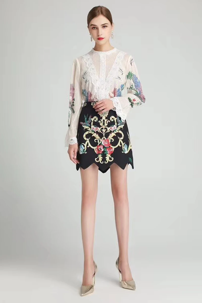 

Designer Spring Autumn Fashion New Lace Stitching Chiffon Shirt Diamond Beading Print Half Skirt Vintage Casual Women'S Sets