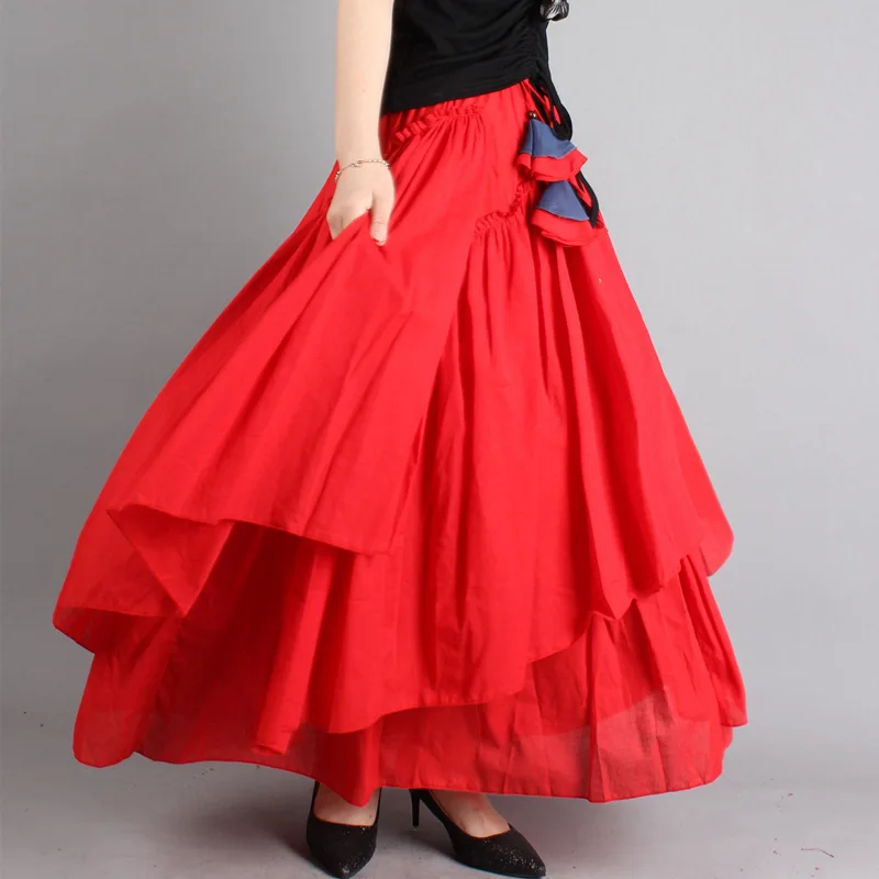 

New Spring Summer Irregular Woman Skirt Elegant Female Ethnic Style Pure Color Vintage Big Swing Dance Skirt Casual Jupe Femme